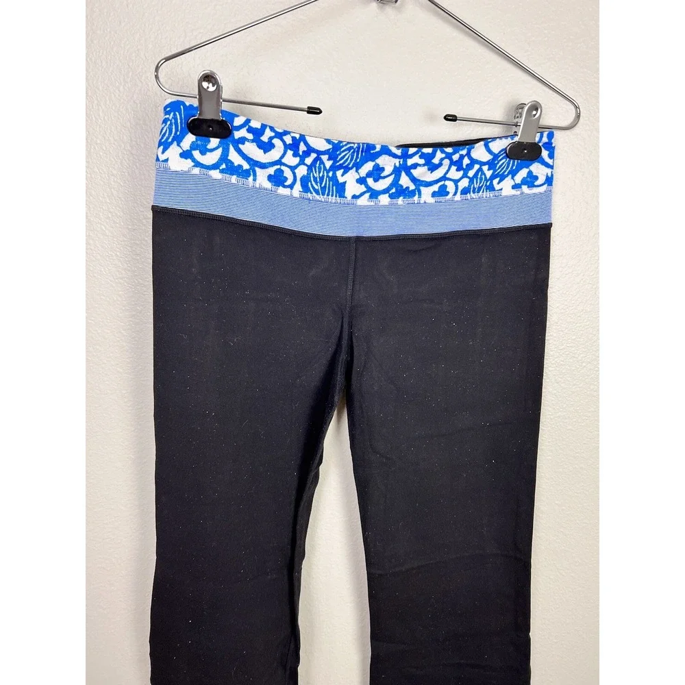 Lululemon Wide Leg Pant Size 8R‎ Black W/ Blue Print Waist Band Legging Flare